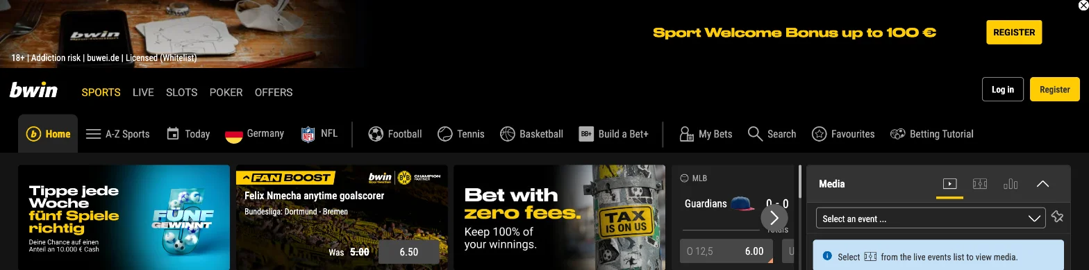 Screenshot der Website von bwin Games