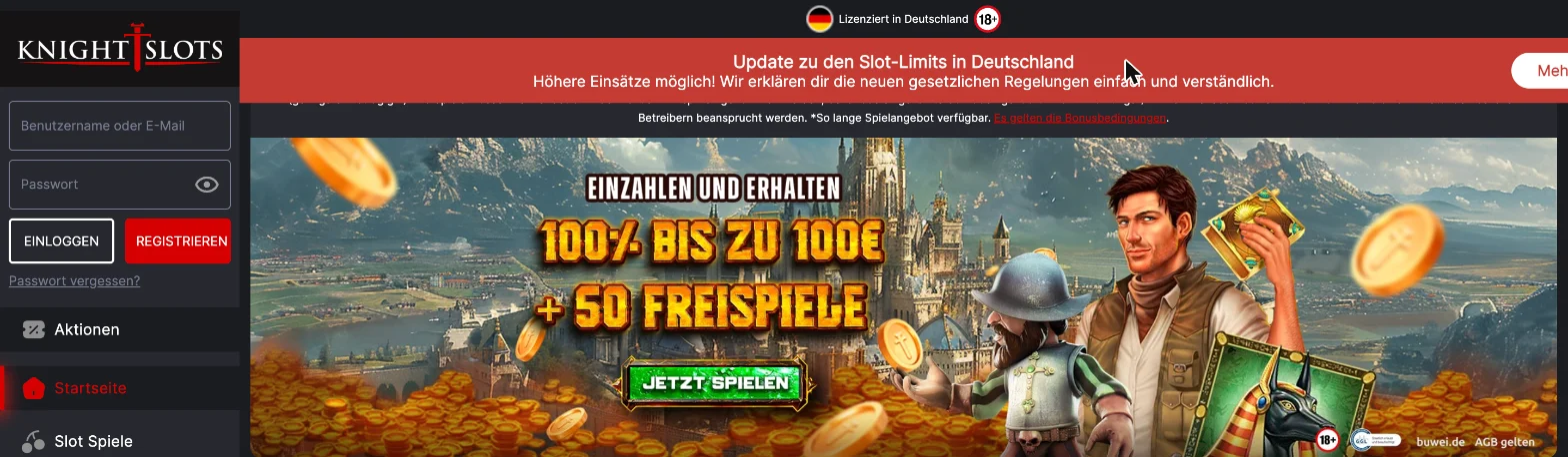 Screenshot der Website von Knight Slots