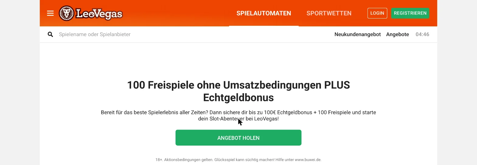Screenshot der Website von LeoVegas